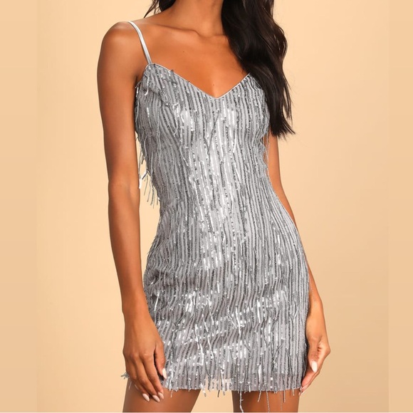 Lulus Party Favorite Grey Sequin Fringe Bodycon Mini Dress size small - Picture 1 of 4